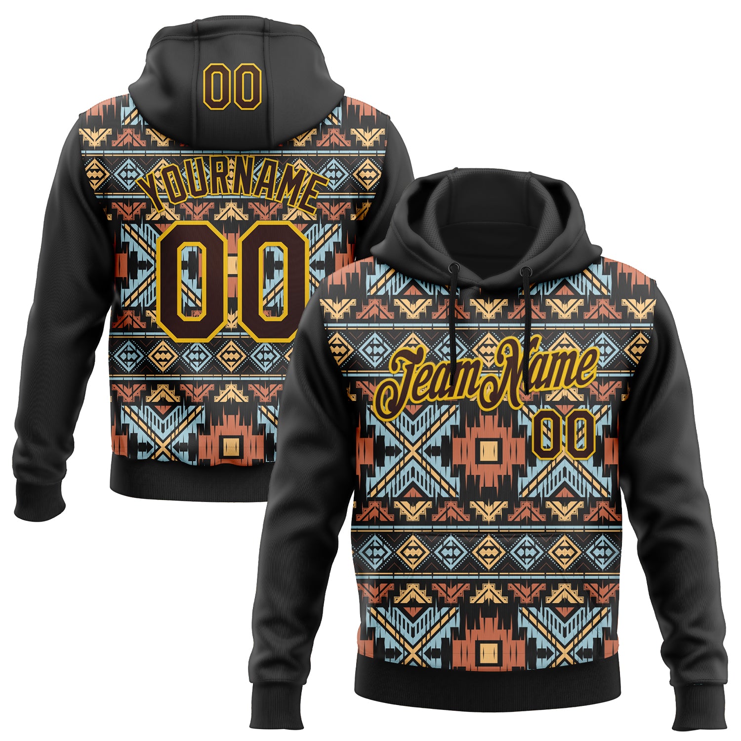 Custom Stitched Black Brown-Yellow 3D Pattern Design Tribal Ethnic Native American Sports Pullover Sweatshirt Hoodie