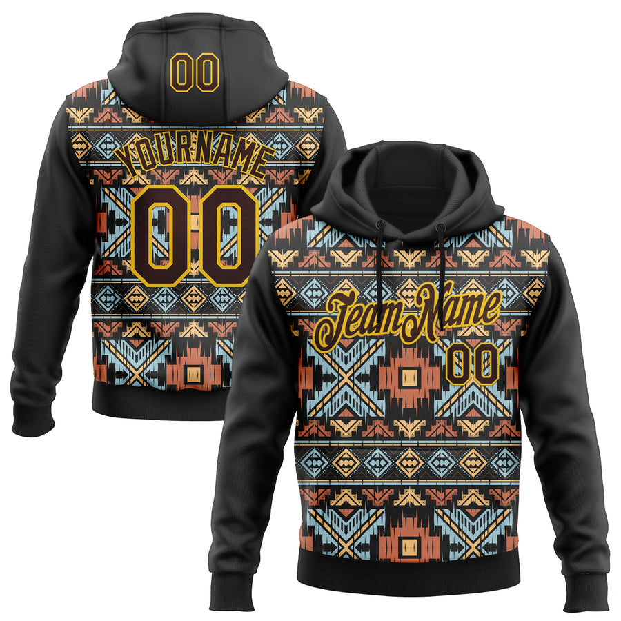Custom Stitched Black Brown-Yellow 3D Pattern Design Tribal Ethnic Native American Sports Pullover Sweatshirt Hoodie