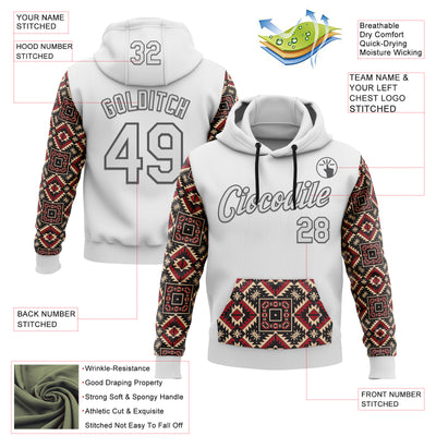 Custom Stitched White Steel Gray 3D Pattern Design Tribal Ethnic Native American Sports Pullover Sweatshirt Hoodie