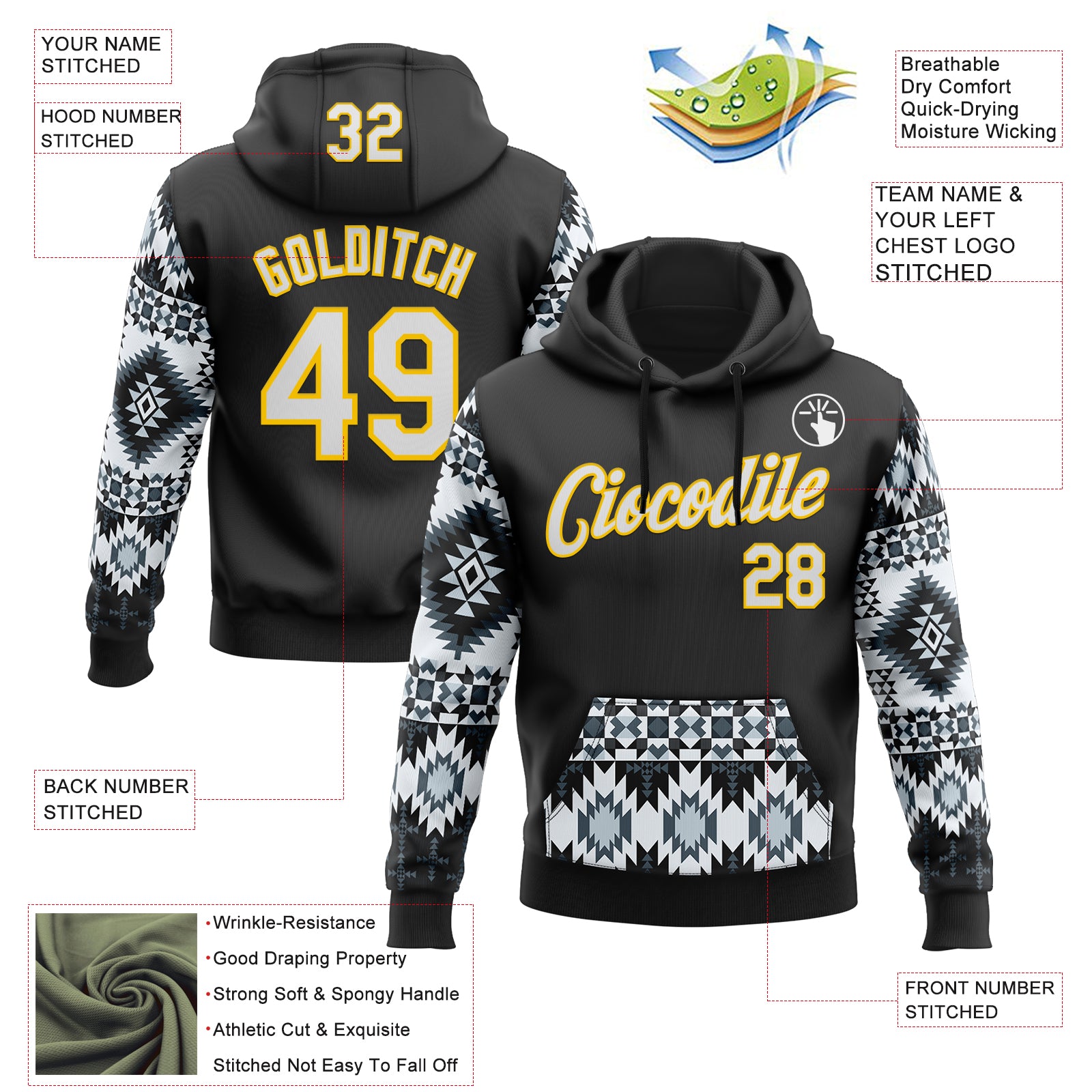 Custom Stitched Black White-Yellow 3D Pattern Design Tribal Ethnic Native American Sports Pullover Sweatshirt Hoodie