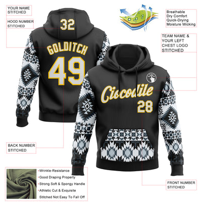 Custom Stitched Black White-Yellow 3D Pattern Design Tribal Ethnic Native American Sports Pullover Sweatshirt Hoodie