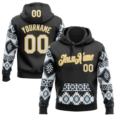 Custom Stitched Black White-Yellow 3D Pattern Design Tribal Ethnic Native American Sports Pullover Sweatshirt Hoodie