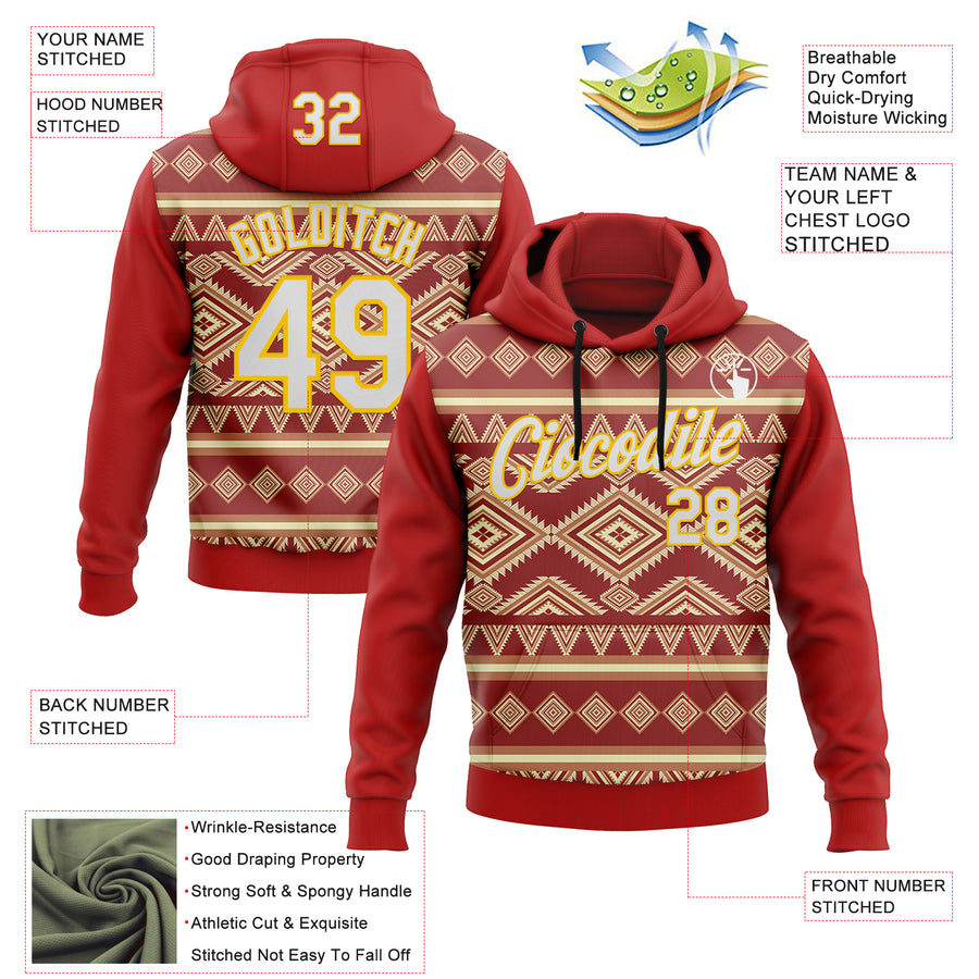 Custom Stitched Red White-Yellow 3D Pattern Design Tribal Ethnic Native American Sports Pullover Sweatshirt Hoodie