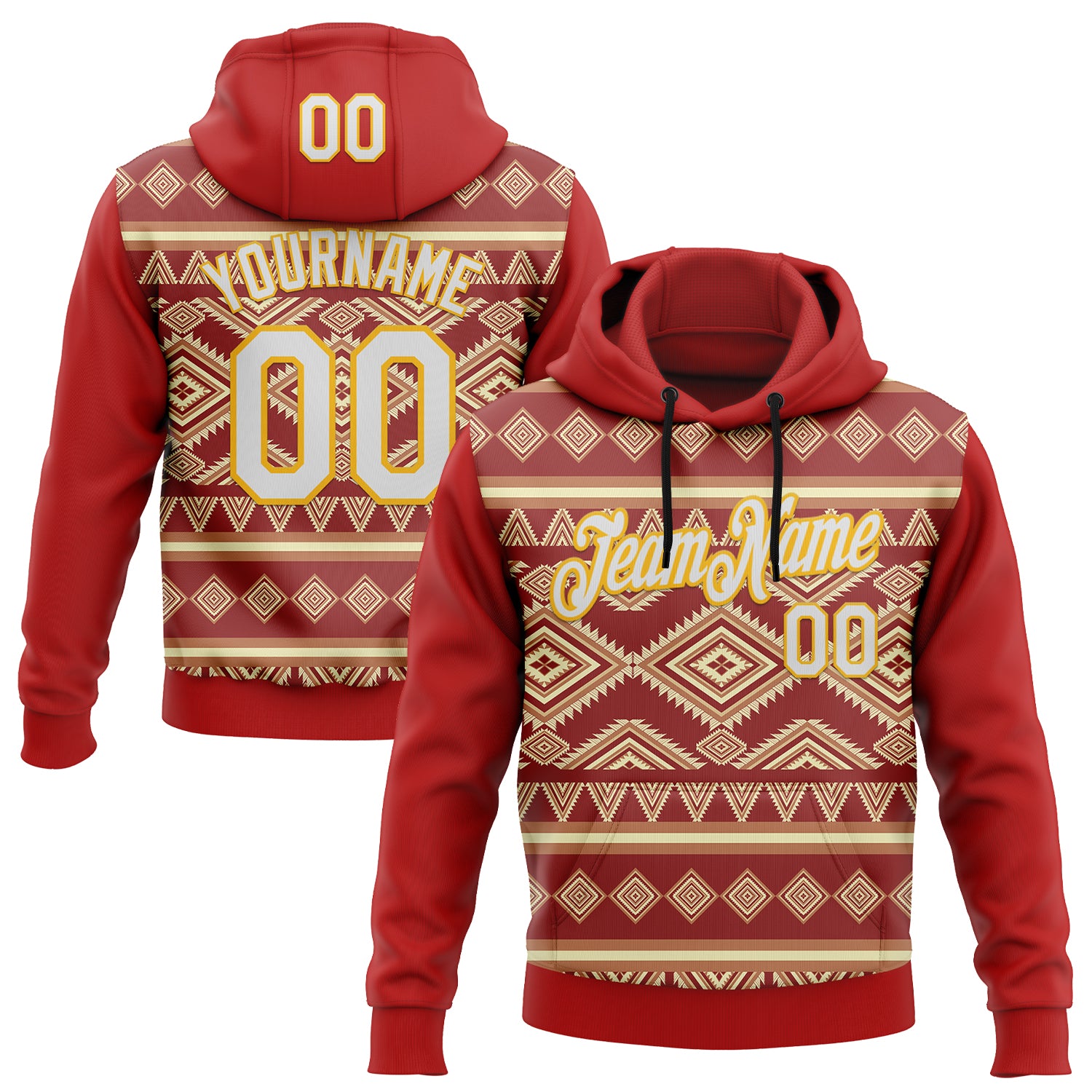 Custom Stitched Red White-Yellow 3D Pattern Design Tribal Ethnic Native American Sports Pullover Sweatshirt Hoodie