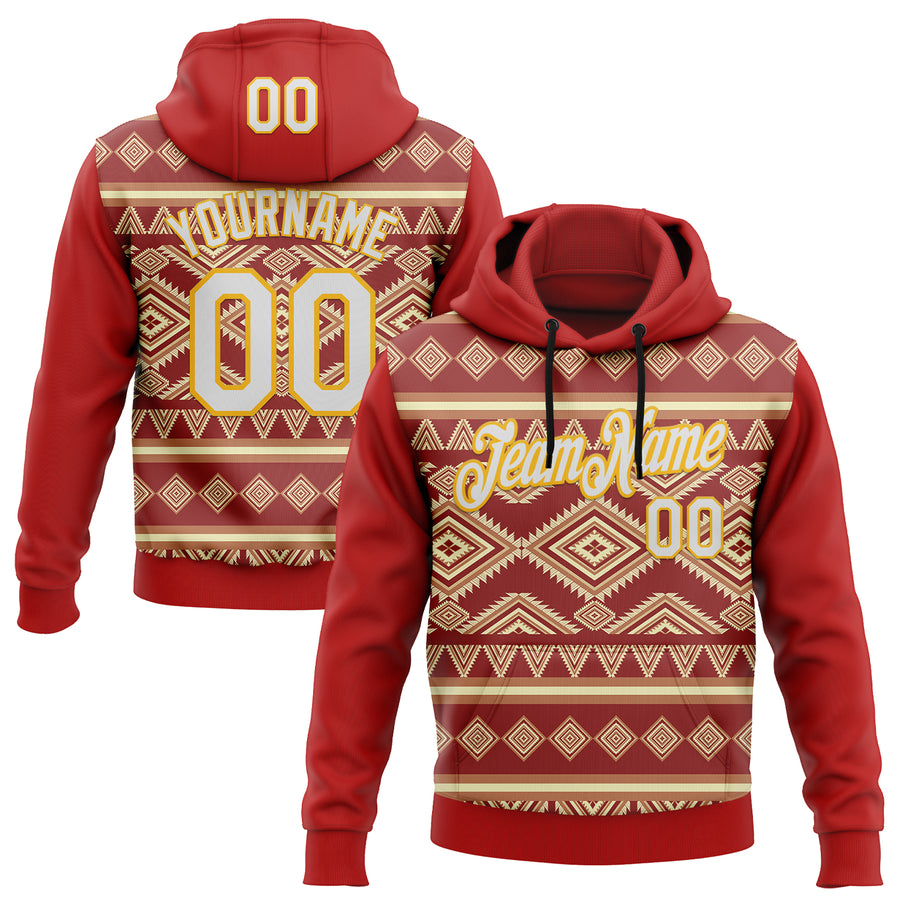 Custom Stitched Red White-Yellow 3D Pattern Design Tribal Ethnic Native American Sports Pullover Sweatshirt Hoodie