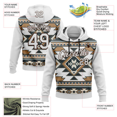 Custom Stitched White Brown 3D Pattern Design Tribal Ethnic Native American Sports Pullover Sweatshirt Hoodie