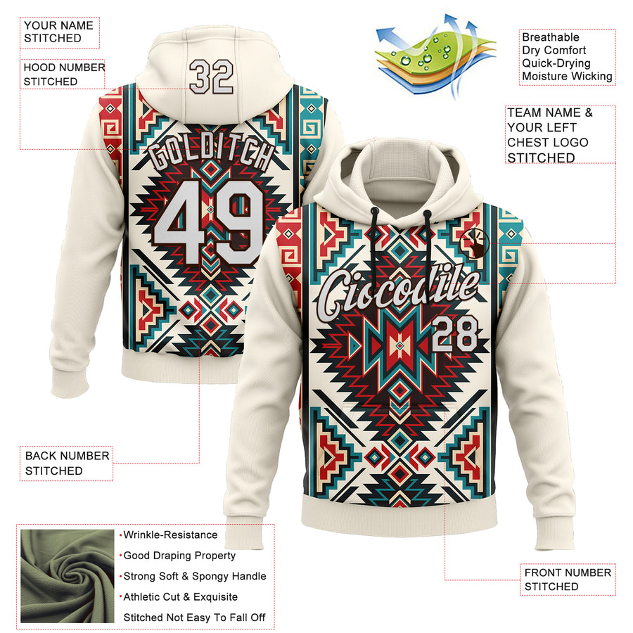 Custom Stitched Cream White-Brown 3D Pattern Design Tribal Ethnic Native American Sports Pullover Sweatshirt Hoodie