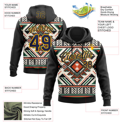 Custom Stitched Black Navy-Gold 3D Pattern Design Tribal Ethnic Native American Sports Pullover Sweatshirt Hoodie