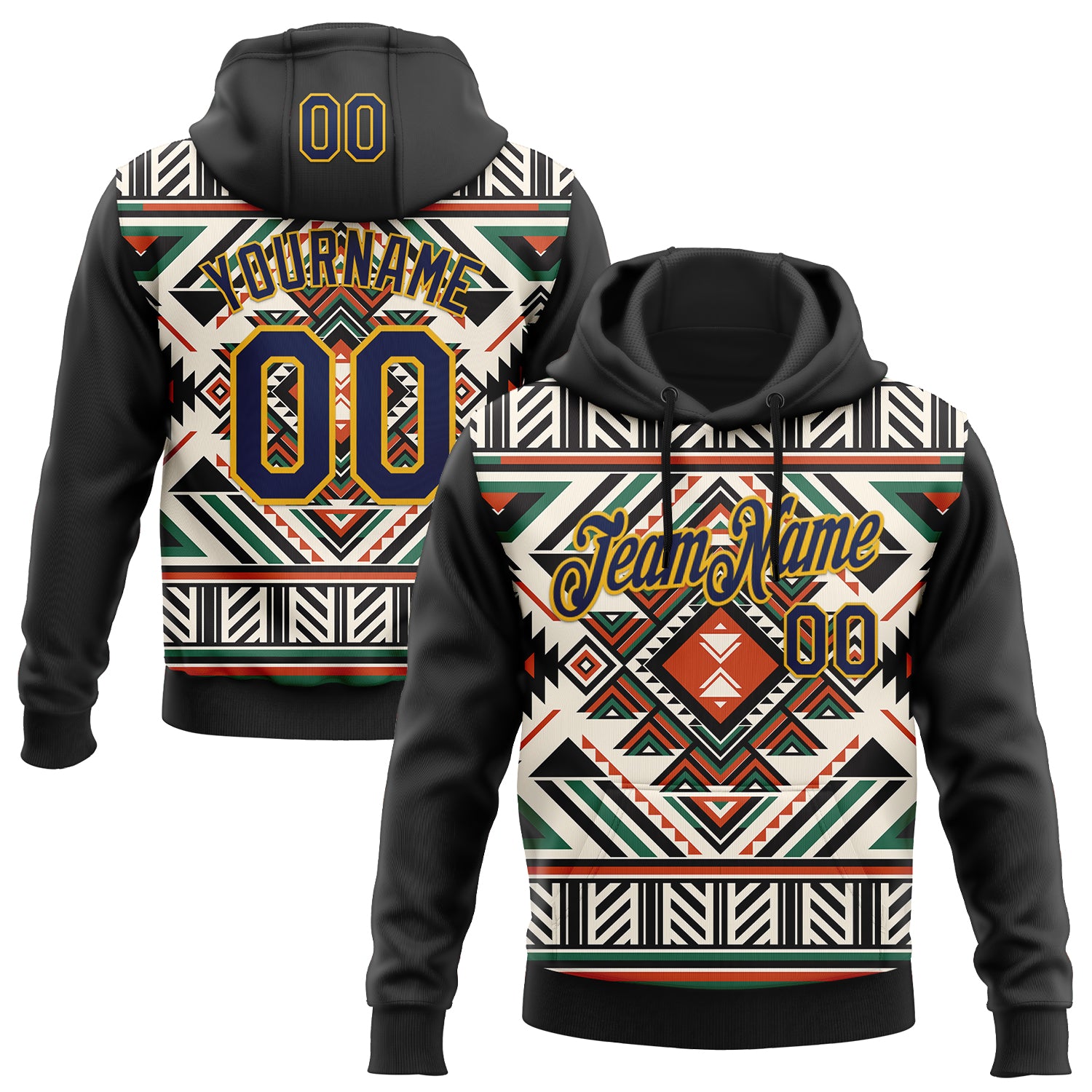 Custom Stitched Black Navy-Gold 3D Pattern Design Tribal Ethnic Native American Sports Pullover Sweatshirt Hoodie
