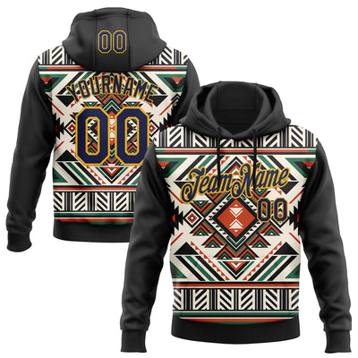 Custom Stitched Black Navy-Gold 3D Pattern Design Tribal Ethnic Native American Sports Pullover Sweatshirt Hoodie
