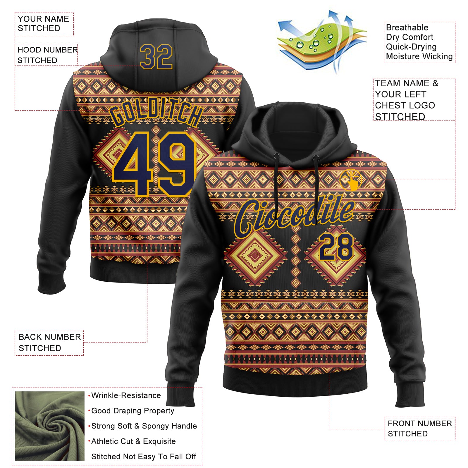 Custom Stitched Black Navy-Gold 3D Pattern Design Tribal Ethnic Native American Sports Pullover Sweatshirt Hoodie