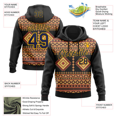 Custom Stitched Black Navy-Gold 3D Pattern Design Tribal Ethnic Native American Sports Pullover Sweatshirt Hoodie