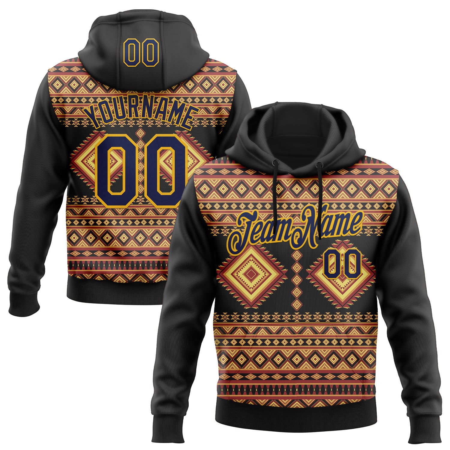 Custom Stitched Black Navy-Gold 3D Pattern Design Tribal Ethnic Native American Sports Pullover Sweatshirt Hoodie