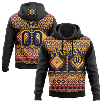 Custom Stitched Black Navy-Gold 3D Pattern Design Tribal Ethnic Native American Sports Pullover Sweatshirt Hoodie