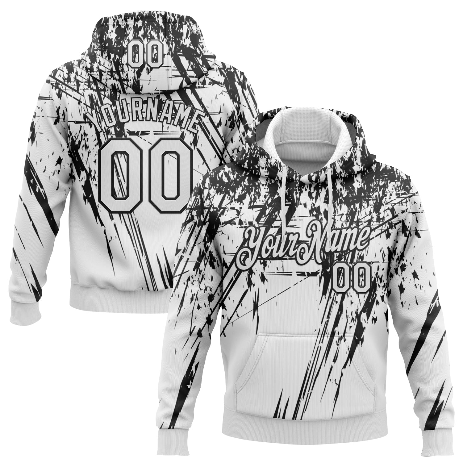 Custom Stitched White Black 3D Pattern Design Splash Grunge Art Sports Pullover Sweatshirt Hoodie