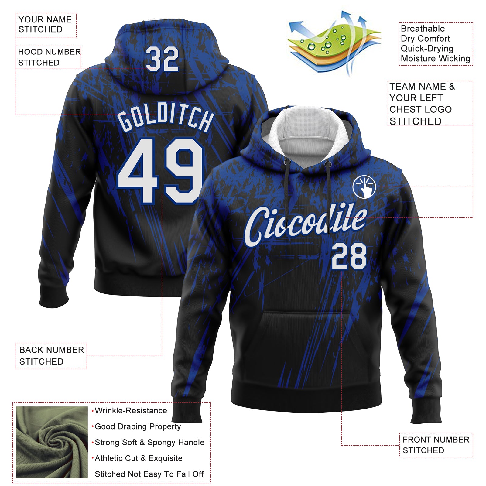 Custom Stitched Black White-Royal 3D Pattern Design Splash Grunge Art Sports Pullover Sweatshirt Hoodie