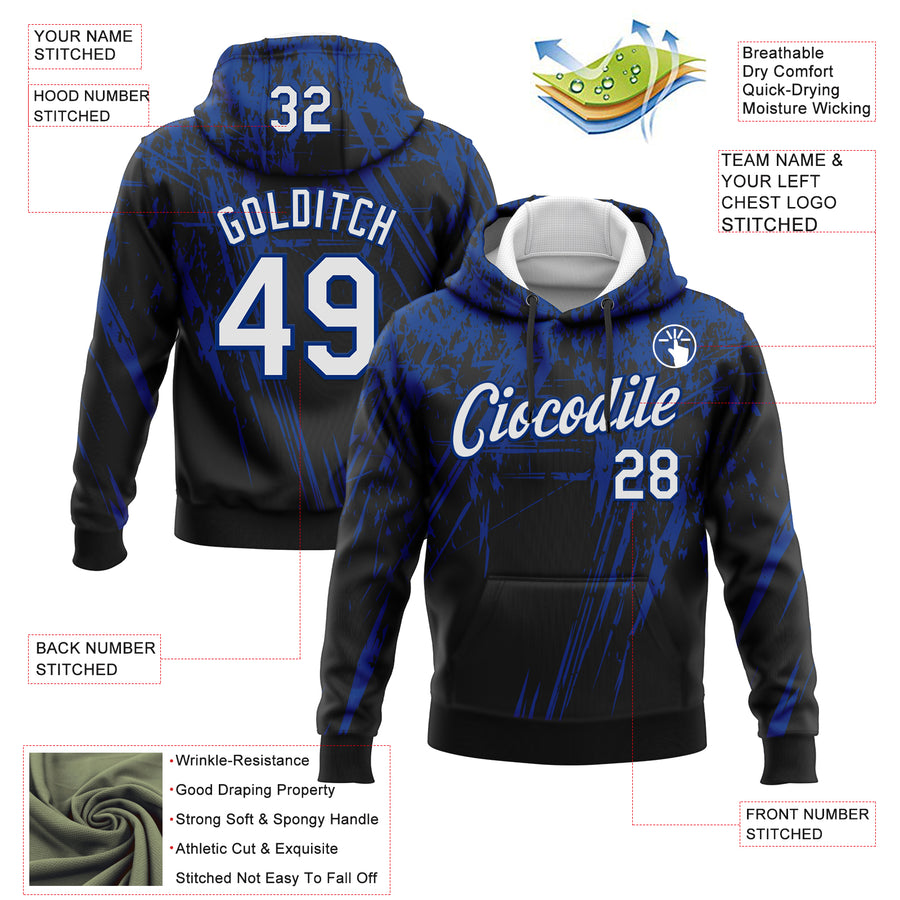 Custom Stitched Black White-Royal 3D Pattern Design Splash Grunge Art Sports Pullover Sweatshirt Hoodie