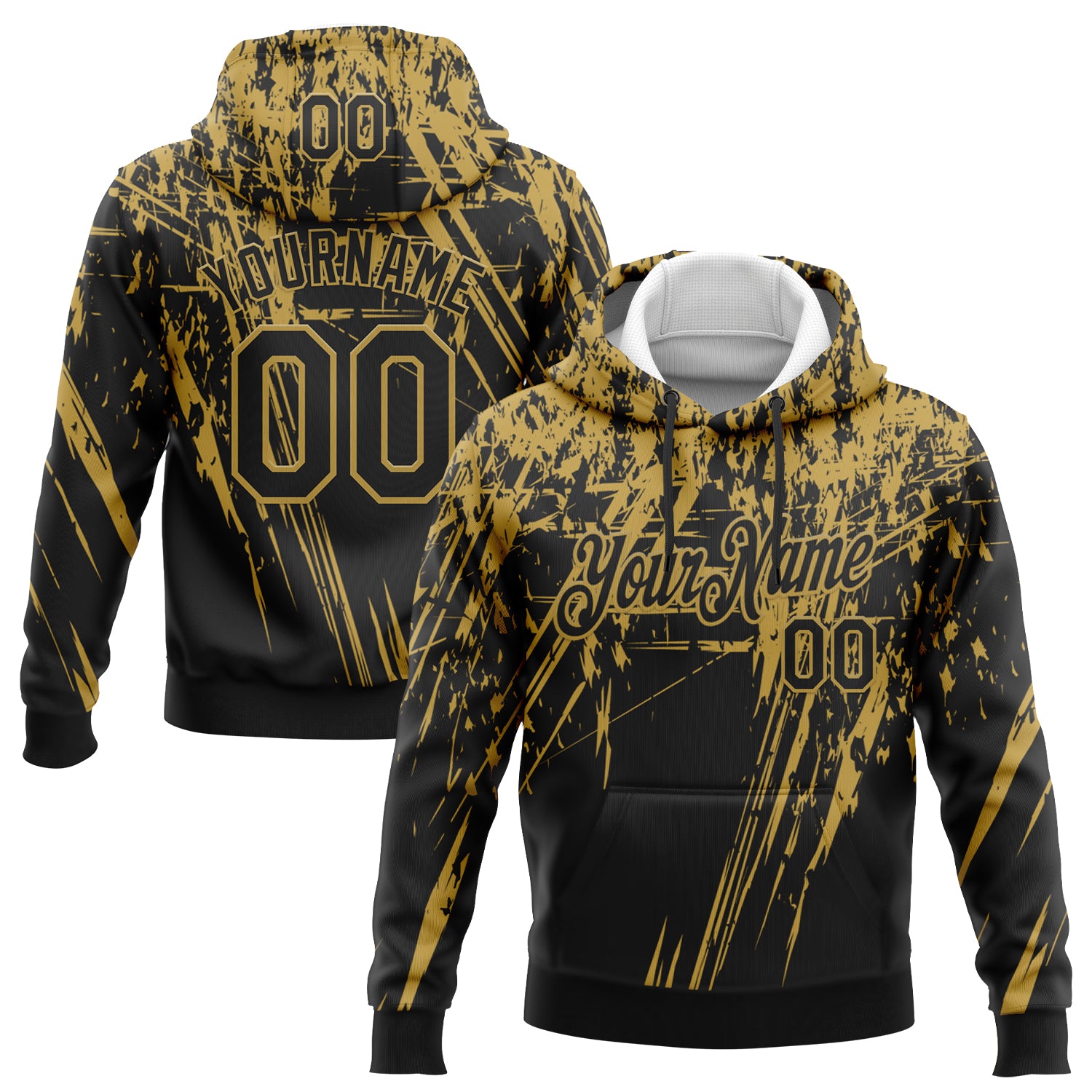 Custom Stitched Black Old Gold 3D Pattern Design Splash Grunge Art Sports Pullover Sweatshirt Hoodie