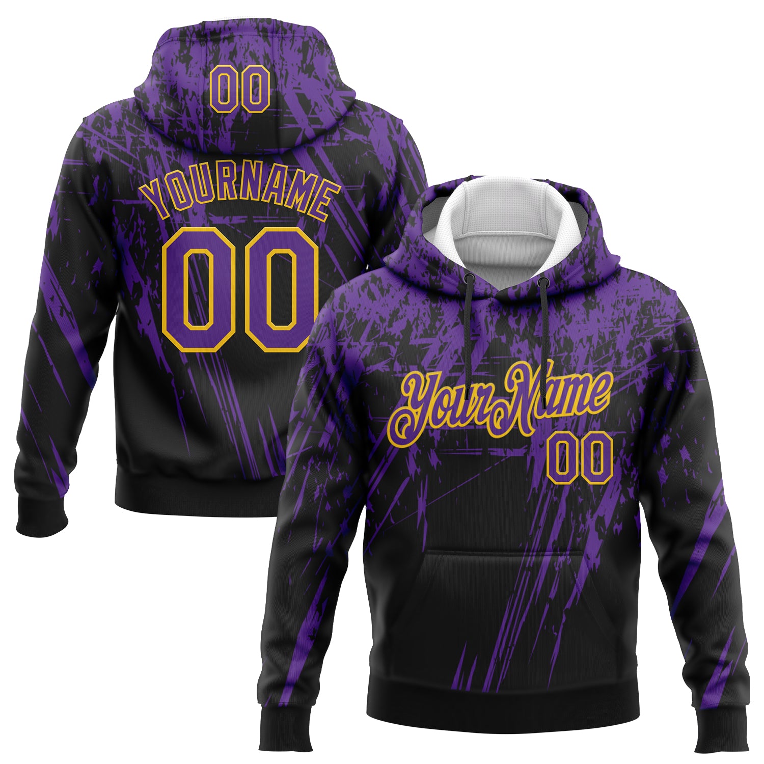 Custom Stitched Black Purple-Yellow 3D Pattern Design Splash Grunge Art Sports Pullover Sweatshirt Hoodie