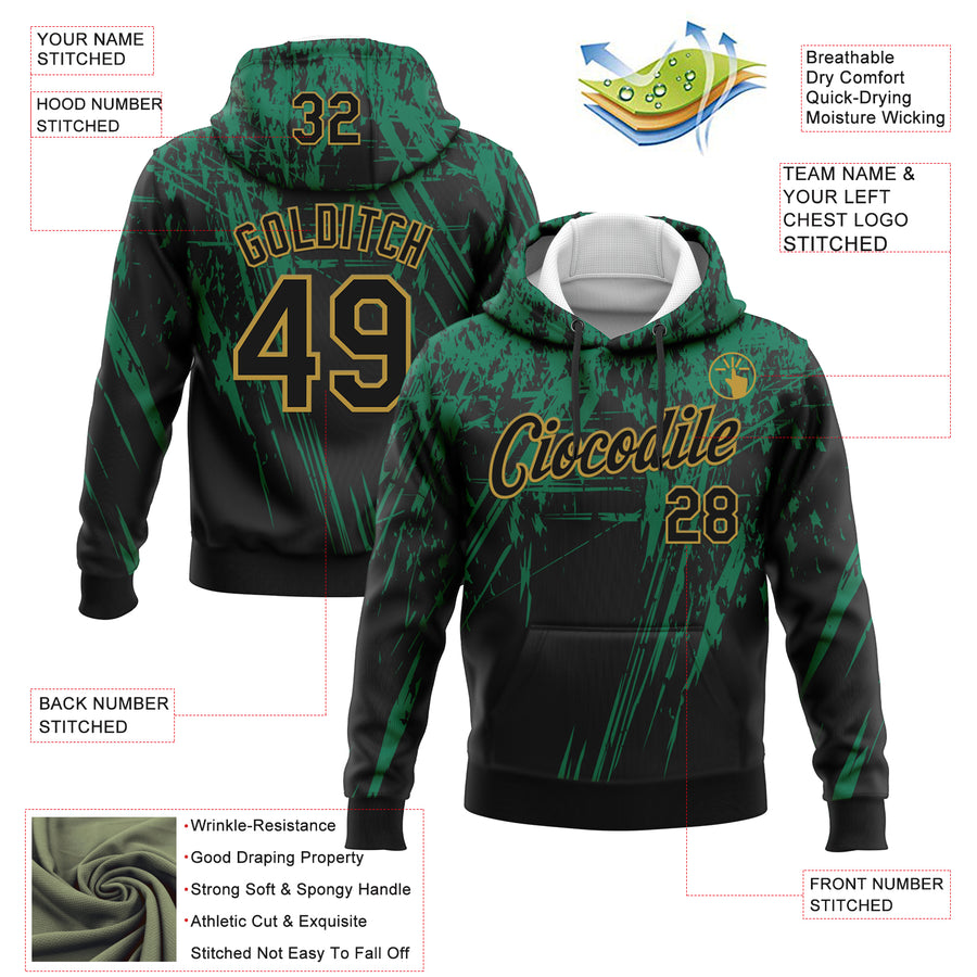 Custom Stitched Black Kelly Green-Old Gold 3D Pattern Design Splash Grunge Art Sports Pullover Sweatshirt Hoodie