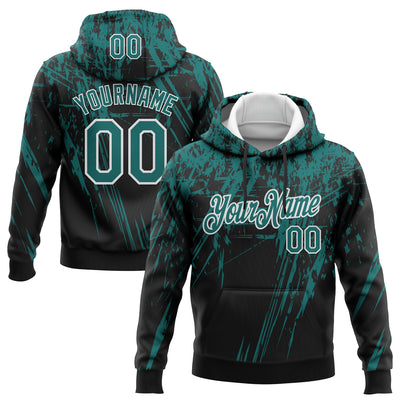 Custom Stitched Black Teal-White 3D Pattern Design Splash Grunge Art Sports Pullover Sweatshirt Hoodie