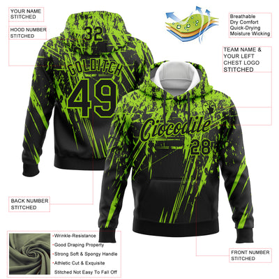 Custom Stitched Black Neon Green 3D Pattern Design Splash Grunge Art Sports Pullover Sweatshirt Hoodie