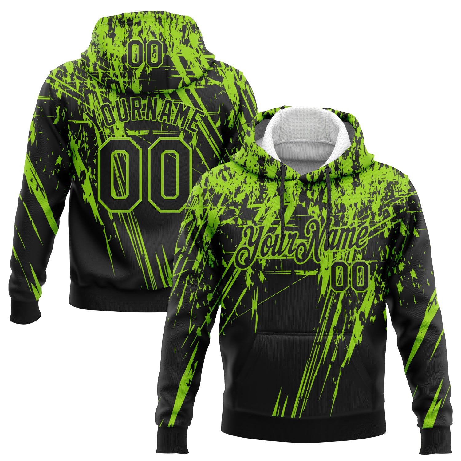 Custom Stitched Black Neon Green 3D Pattern Design Splash Grunge Art Sports Pullover Sweatshirt Hoodie