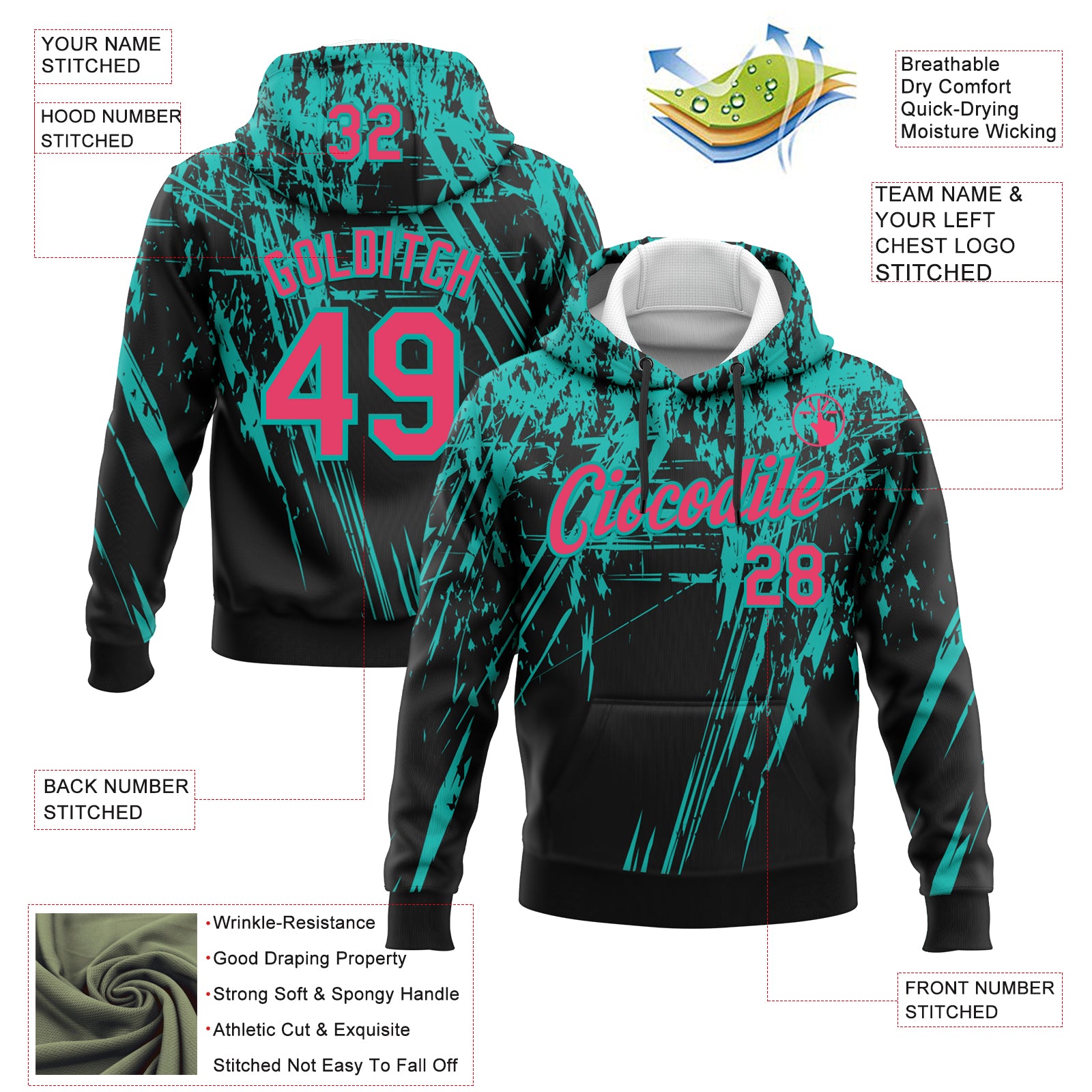Custom Stitched Black Neon Pink-Aqua 3D Pattern Design Splash Grunge Art Sports Pullover Sweatshirt Hoodie