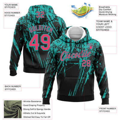 Custom Stitched Black Neon Pink-Aqua 3D Pattern Design Splash Grunge Art Sports Pullover Sweatshirt Hoodie