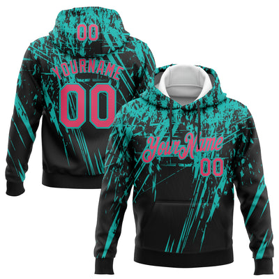 Custom Stitched Black Neon Pink-Aqua 3D Pattern Design Splash Grunge Art Sports Pullover Sweatshirt Hoodie