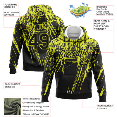 Custom Stitched Black Neon Yellow 3D Pattern Design Splash Grunge Art Sports Pullover Sweatshirt Hoodie