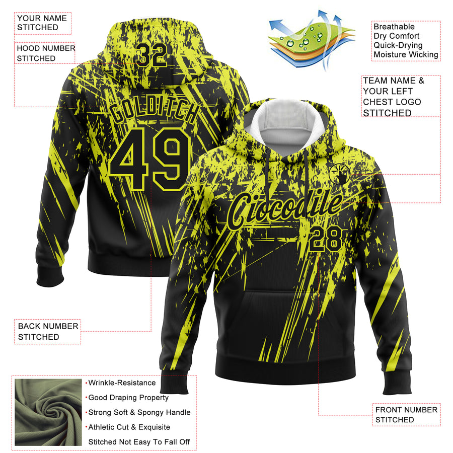 Custom Stitched Black Neon Yellow 3D Pattern Design Splash Grunge Art Sports Pullover Sweatshirt Hoodie