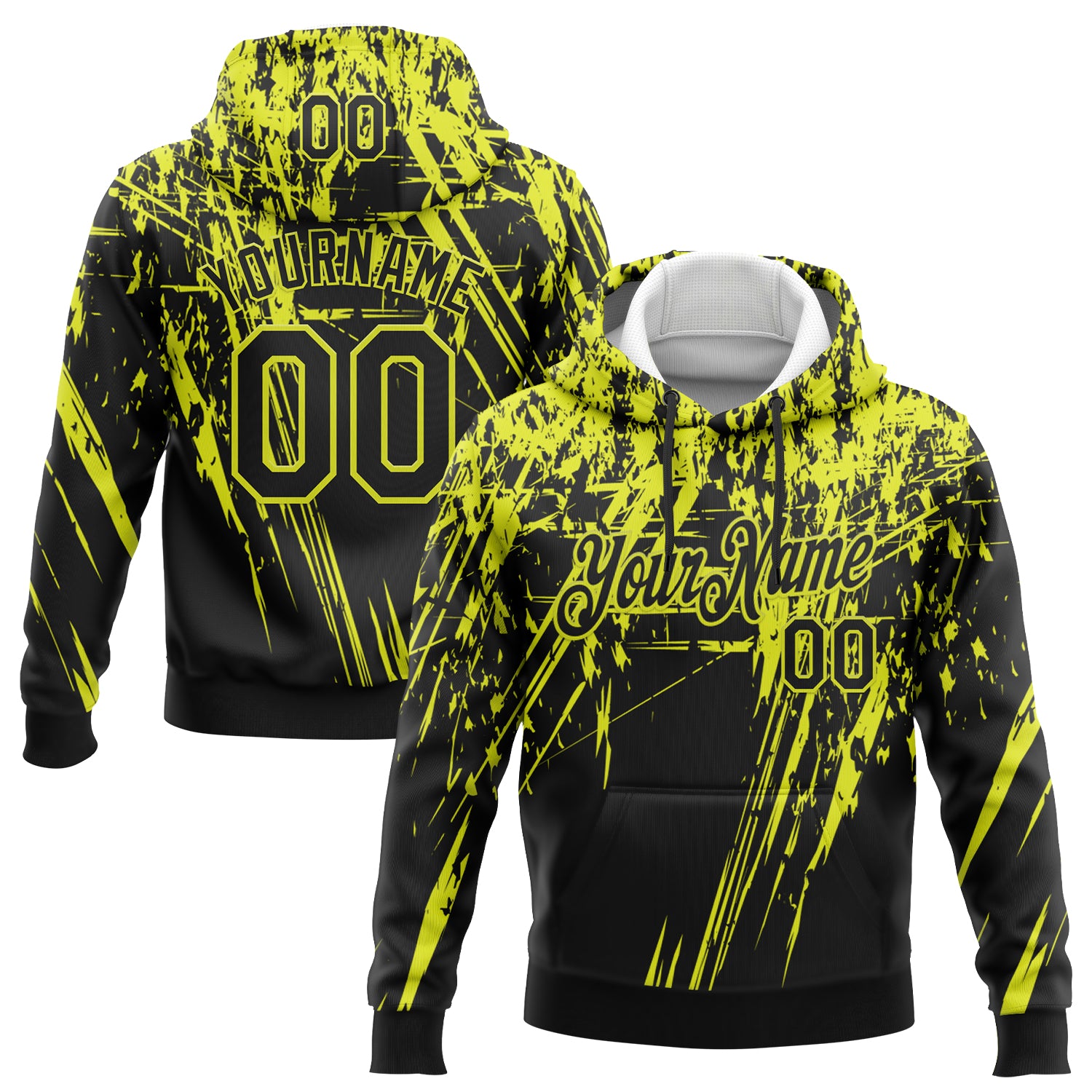 Custom Stitched Black Neon Yellow 3D Pattern Design Splash Grunge Art Sports Pullover Sweatshirt Hoodie