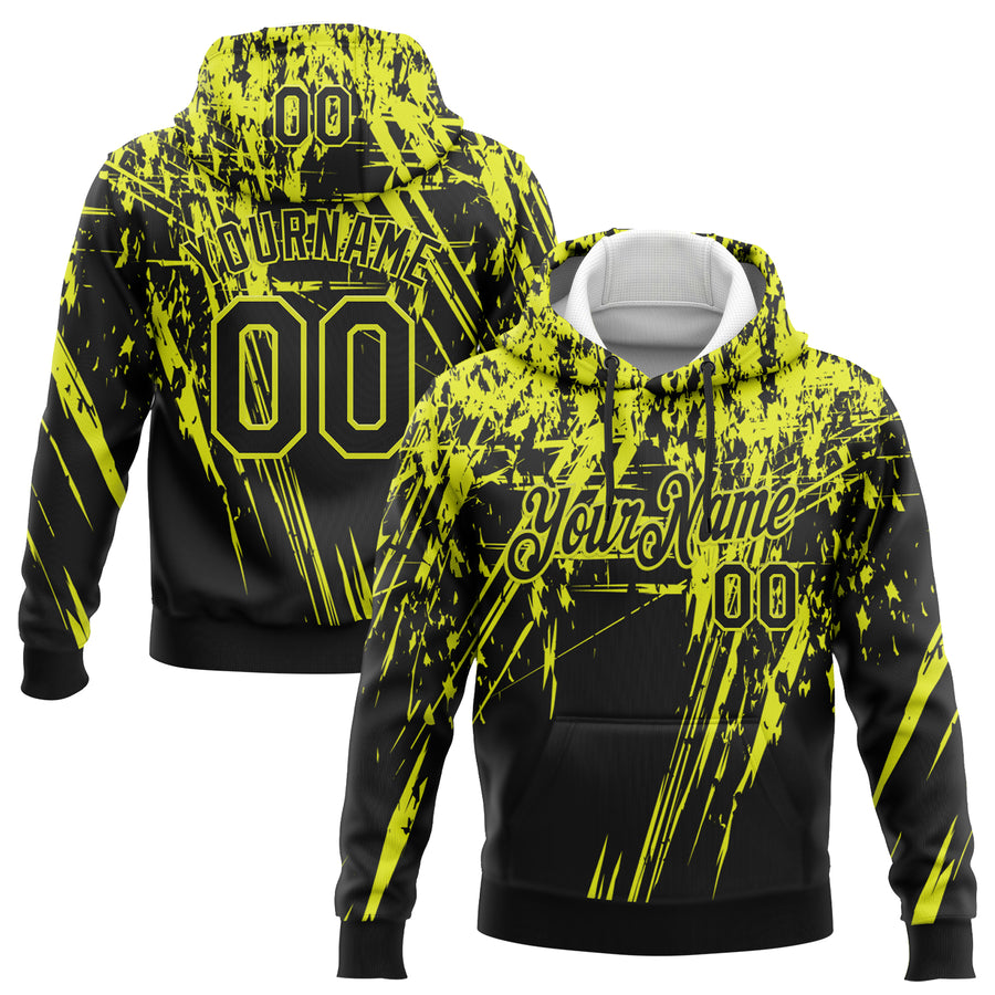 Custom Stitched Black Neon Yellow 3D Pattern Design Splash Grunge Art Sports Pullover Sweatshirt Hoodie