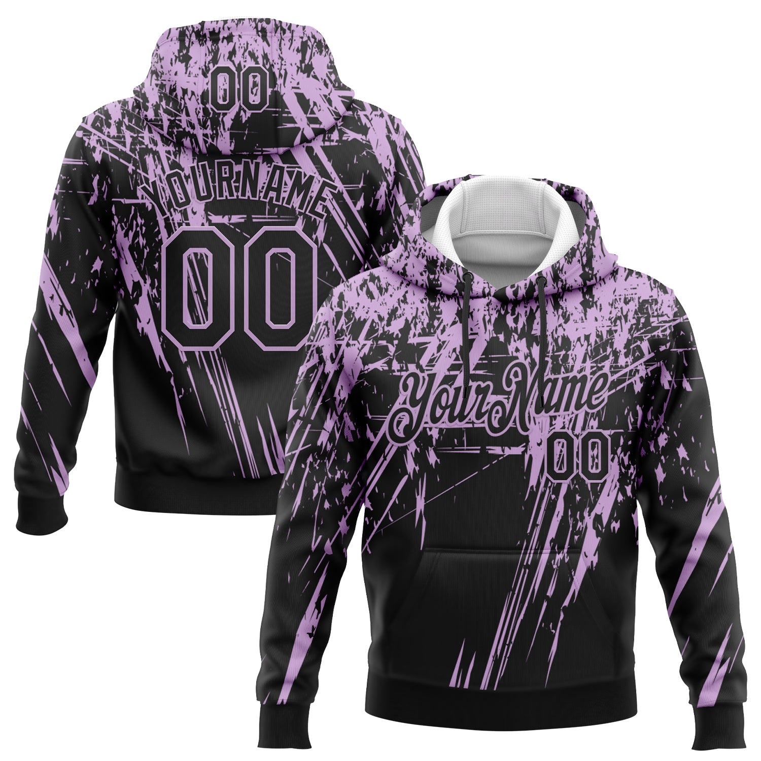 Custom Stitched Black Light Purple 3D Pattern Design Splash Grunge Art Sports Pullover Sweatshirt Hoodie