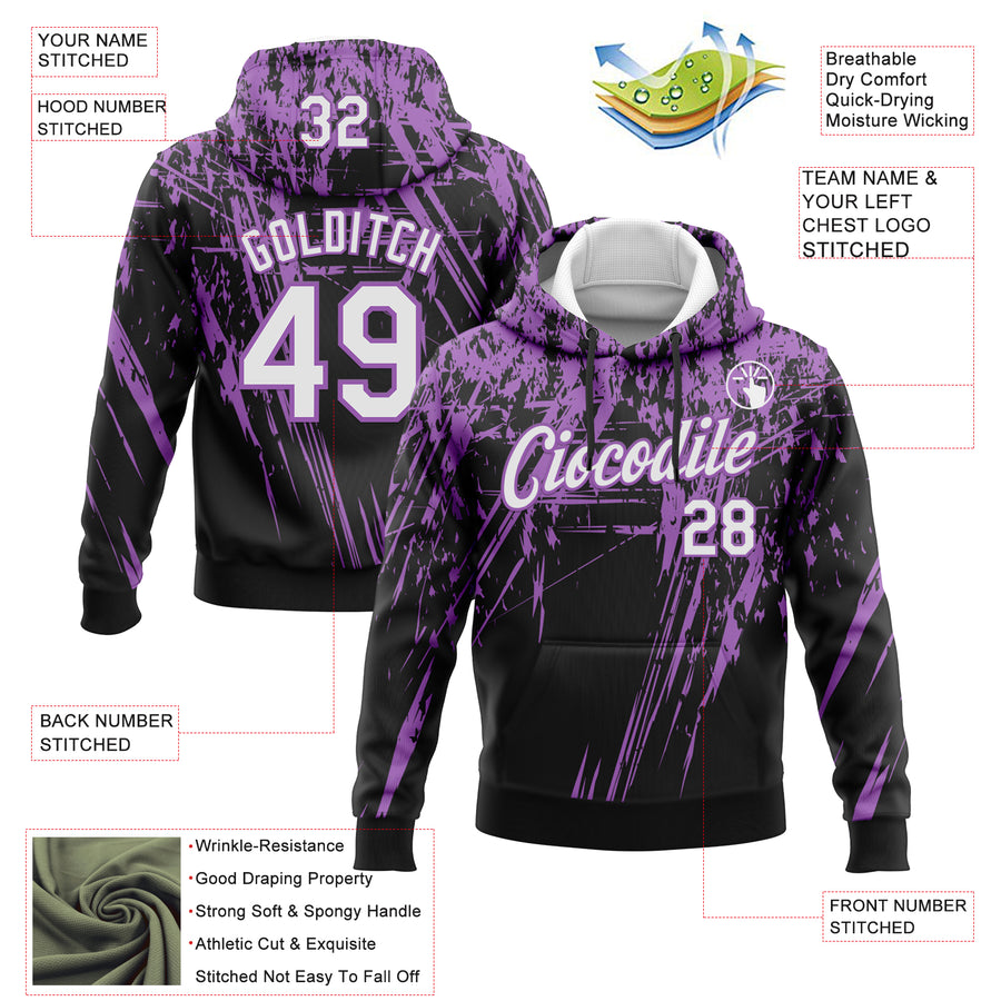Custom Stitched Black White-Medium Purple 3D Pattern Design Splash Grunge Art Sports Pullover Sweatshirt Hoodie