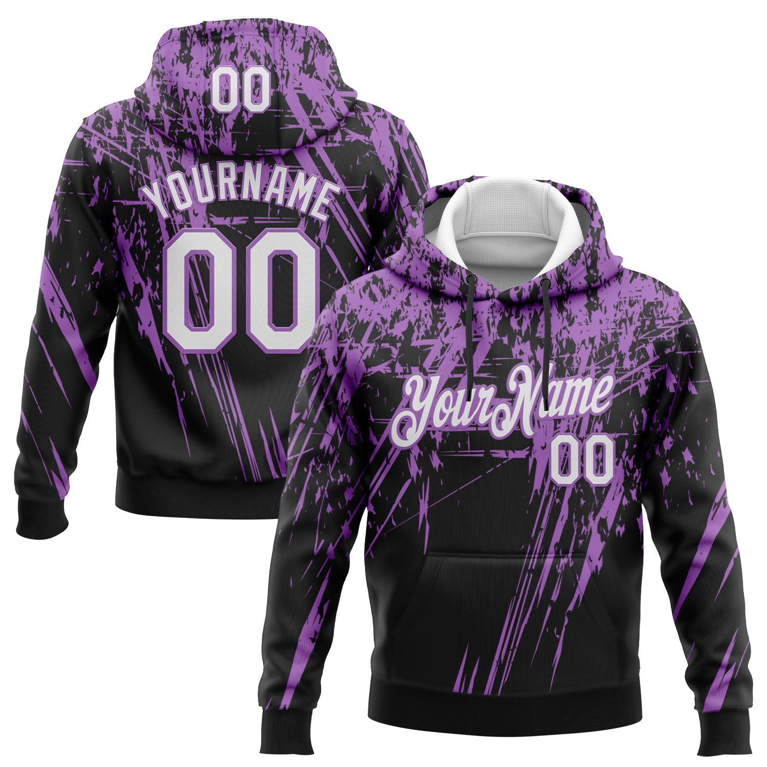 Custom Stitched Black White-Medium Purple 3D Pattern Design Splash Grunge Art Sports Pullover Sweatshirt Hoodie