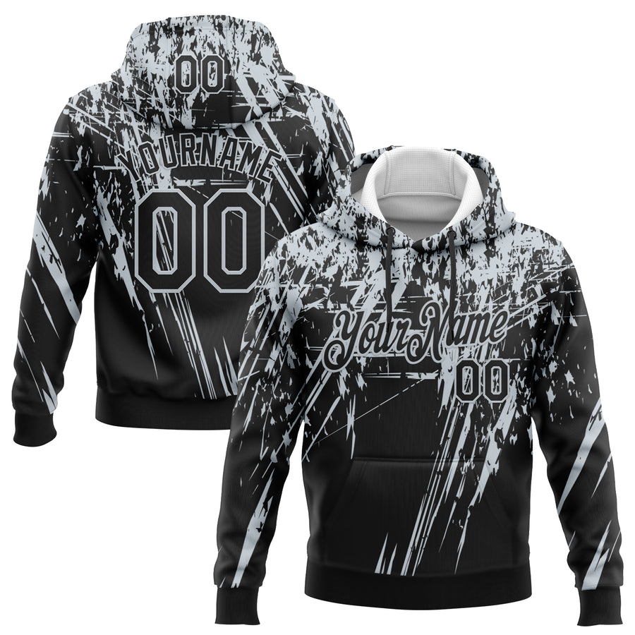 Custom Stitched Black Silver 3D Pattern Design Splash Grunge Art Sports Pullover Sweatshirt Hoodie