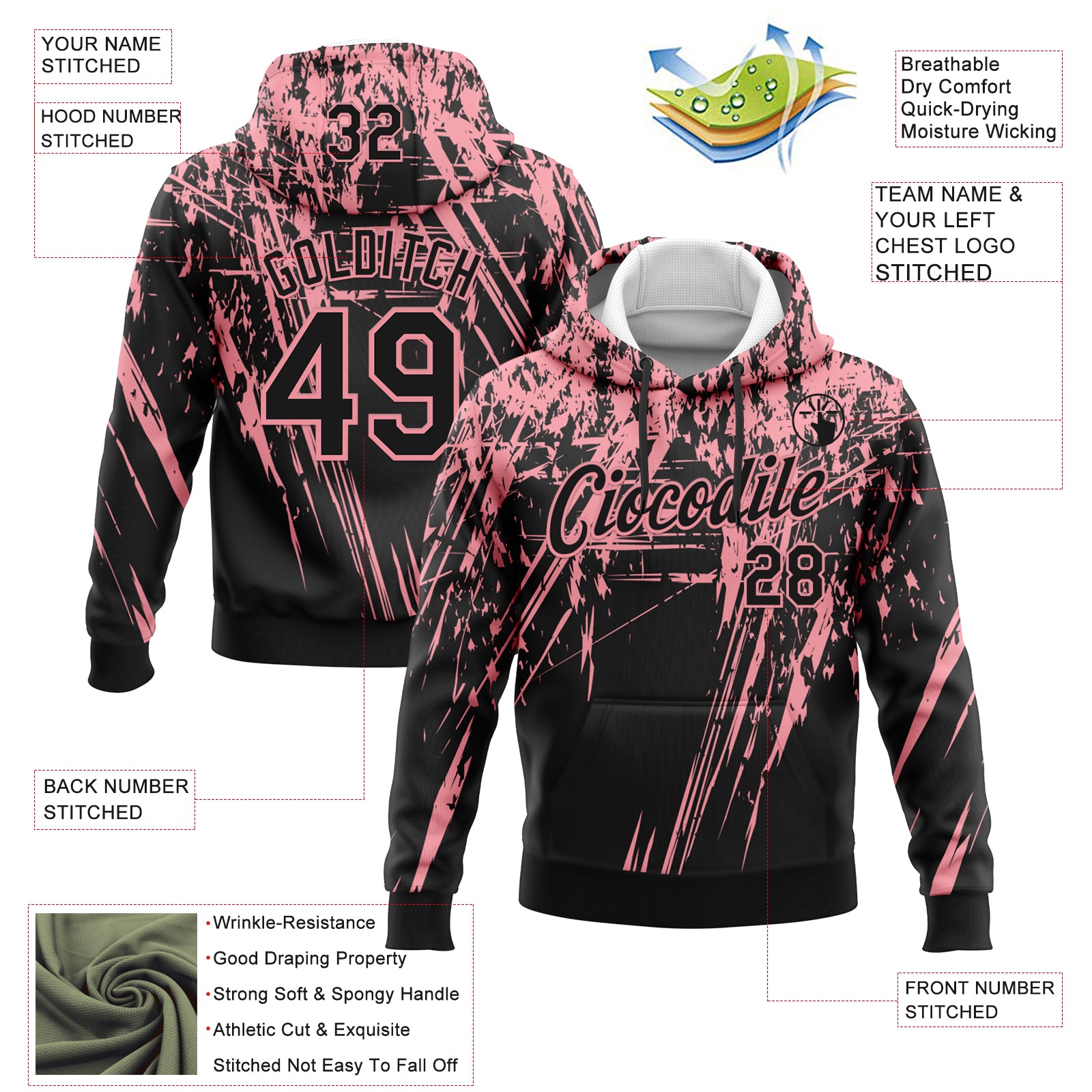 Custom Stitched Black Medium Pink 3D Pattern Design Splash Grunge Art Sports Pullover Sweatshirt Hoodie