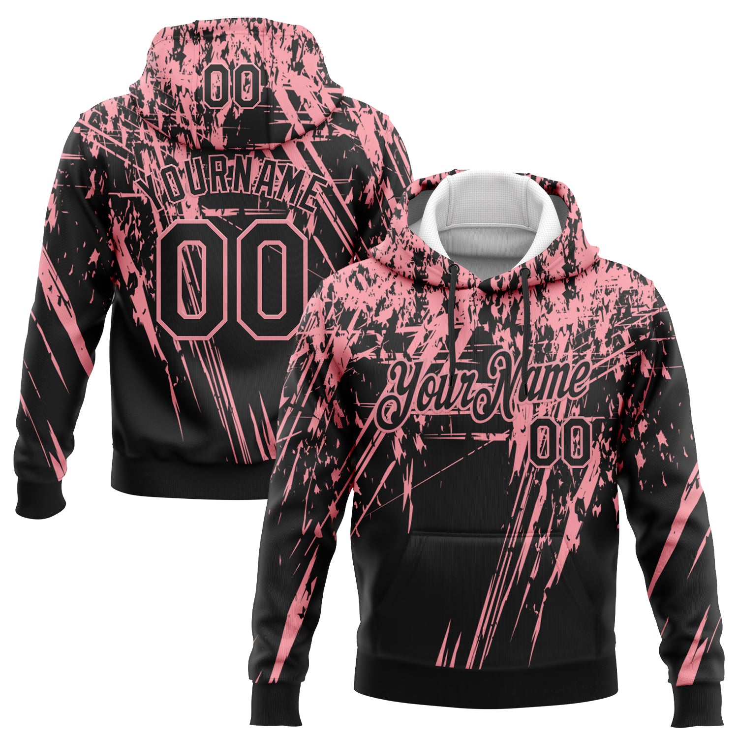 Custom Stitched Black Medium Pink 3D Pattern Design Splash Grunge Art Sports Pullover Sweatshirt Hoodie