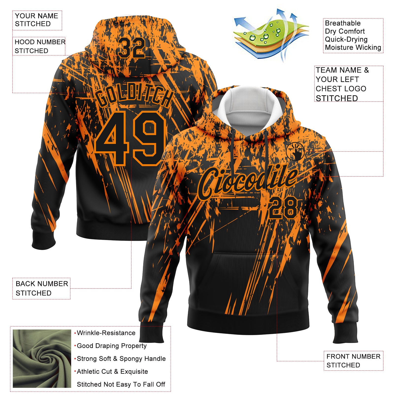 Custom Stitched Black Bay Orange 3D Pattern Design Splash Grunge Art Sports Pullover Sweatshirt Hoodie