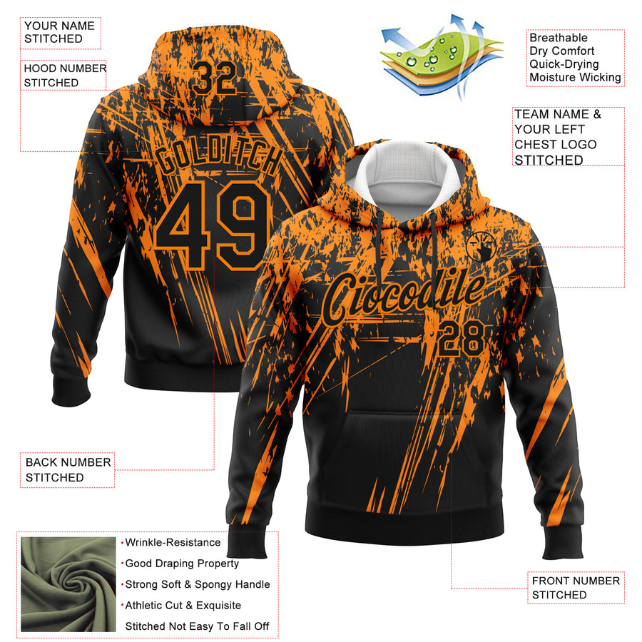 Custom Stitched Black Bay Orange 3D Pattern Design Splash Grunge Art Sports Pullover Sweatshirt Hoodie