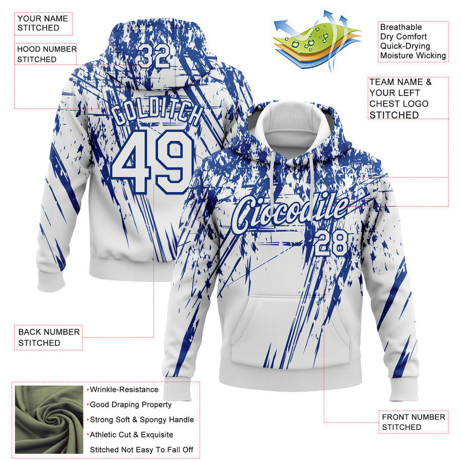 Custom Stitched White Royal 3D Pattern Design Splash Grunge Art Sports Pullover Sweatshirt Hoodie