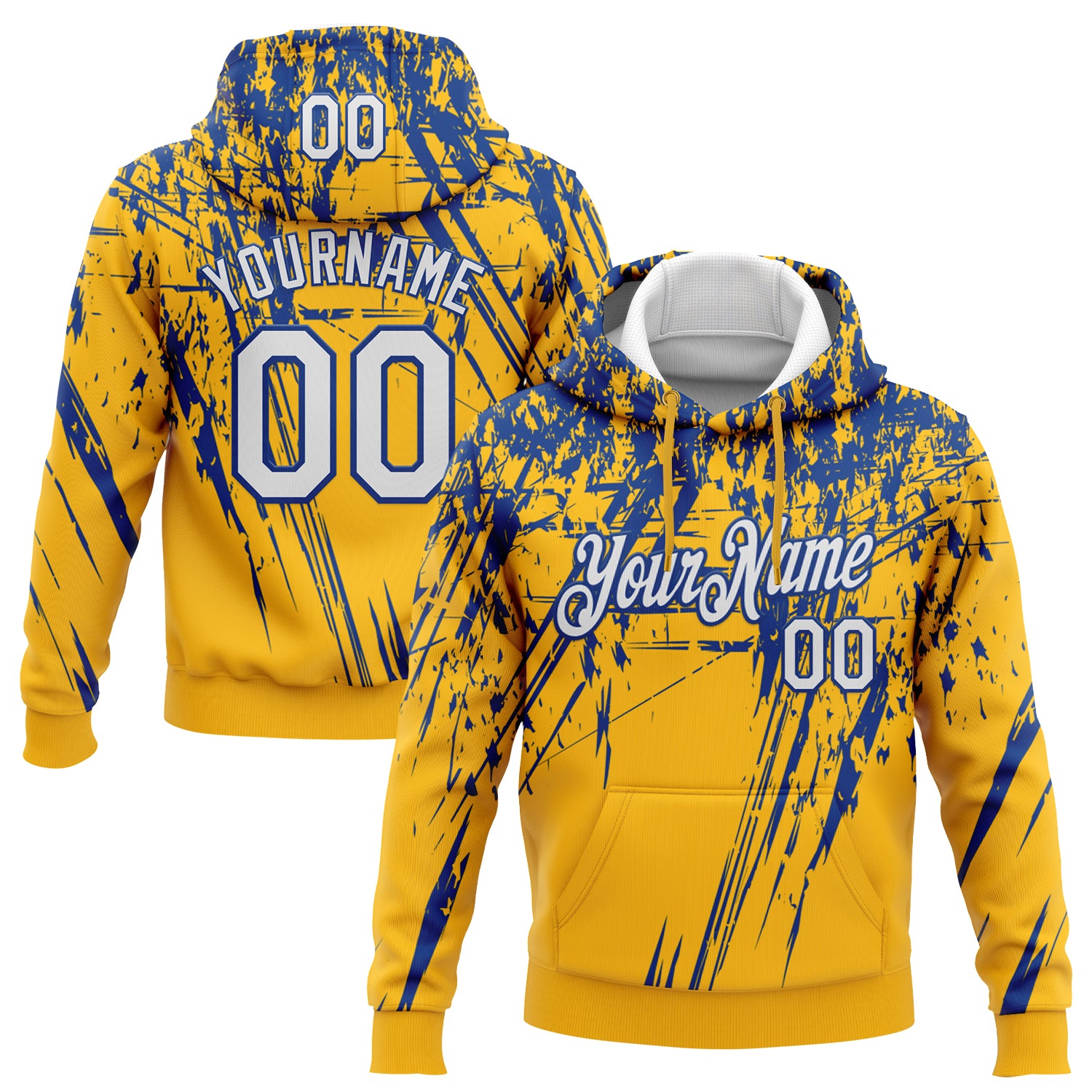 Custom Stitched Gold White-Royal 3D Pattern Design Splash Grunge Art Sports Pullover Sweatshirt Hoodie