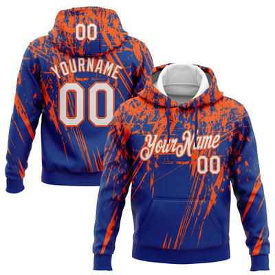 Custom Stitched Royal White-Orange 3D Pattern Design Splash Grunge Art Sports Pullover Sweatshirt Hoodie