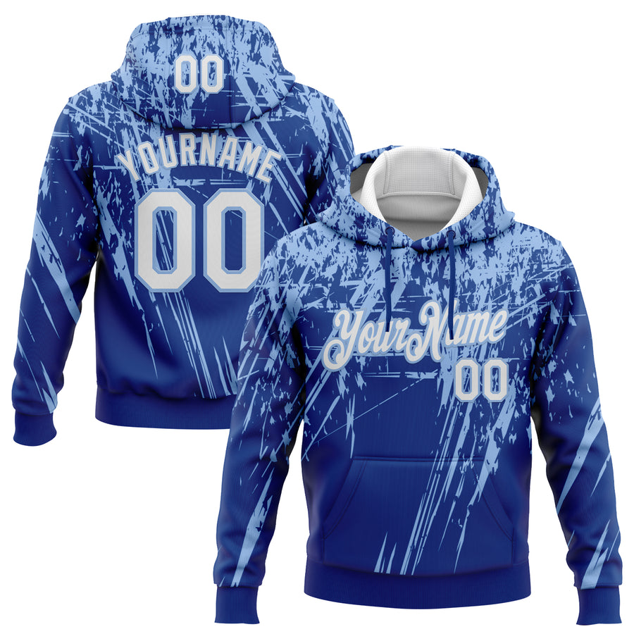 Custom Stitched Royal White-Light Blue 3D Pattern Design Splash Grunge Art Sports Pullover Sweatshirt Hoodie
