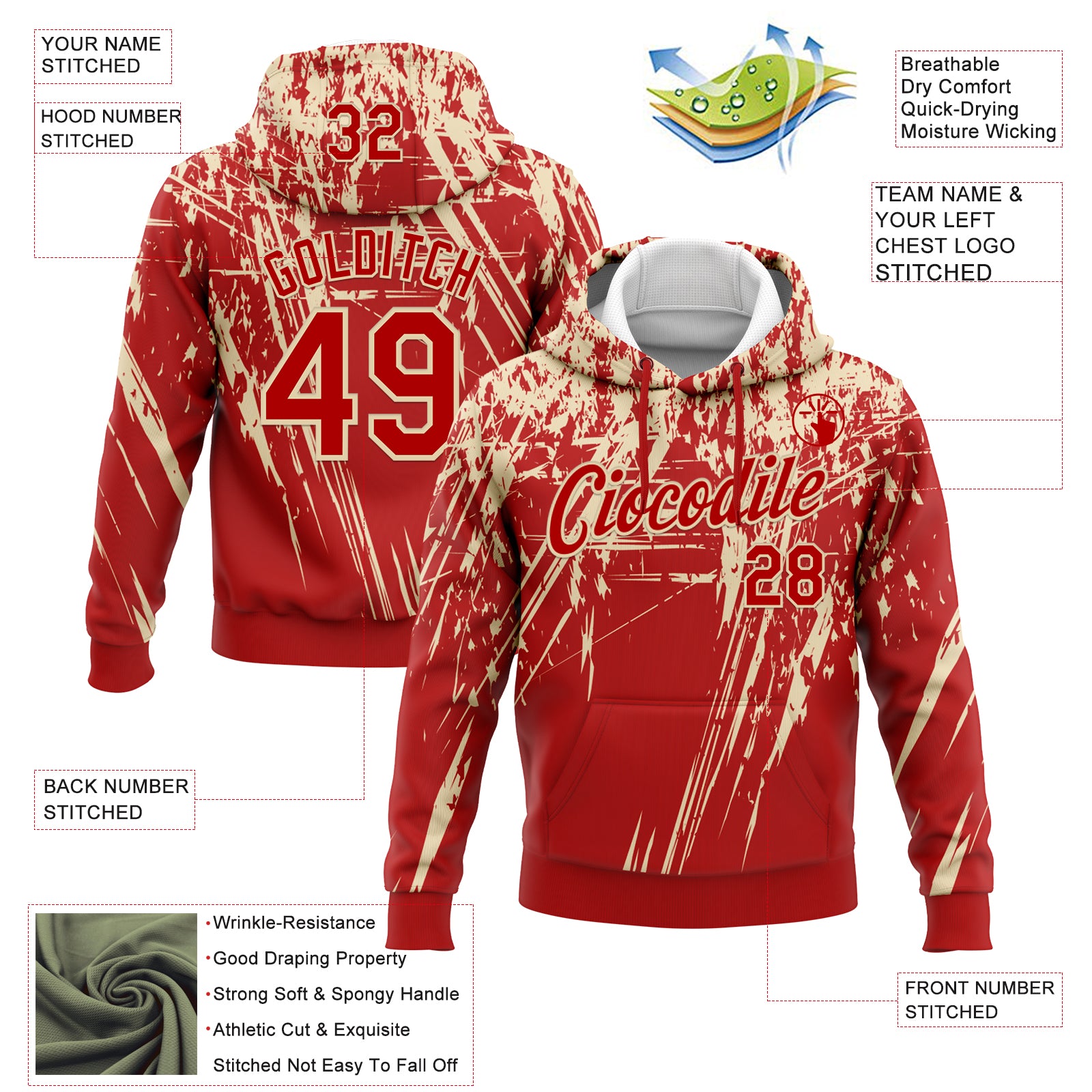 Custom Stitched Red Cream 3D Pattern Design Splash Grunge Art Sports Pullover Sweatshirt Hoodie