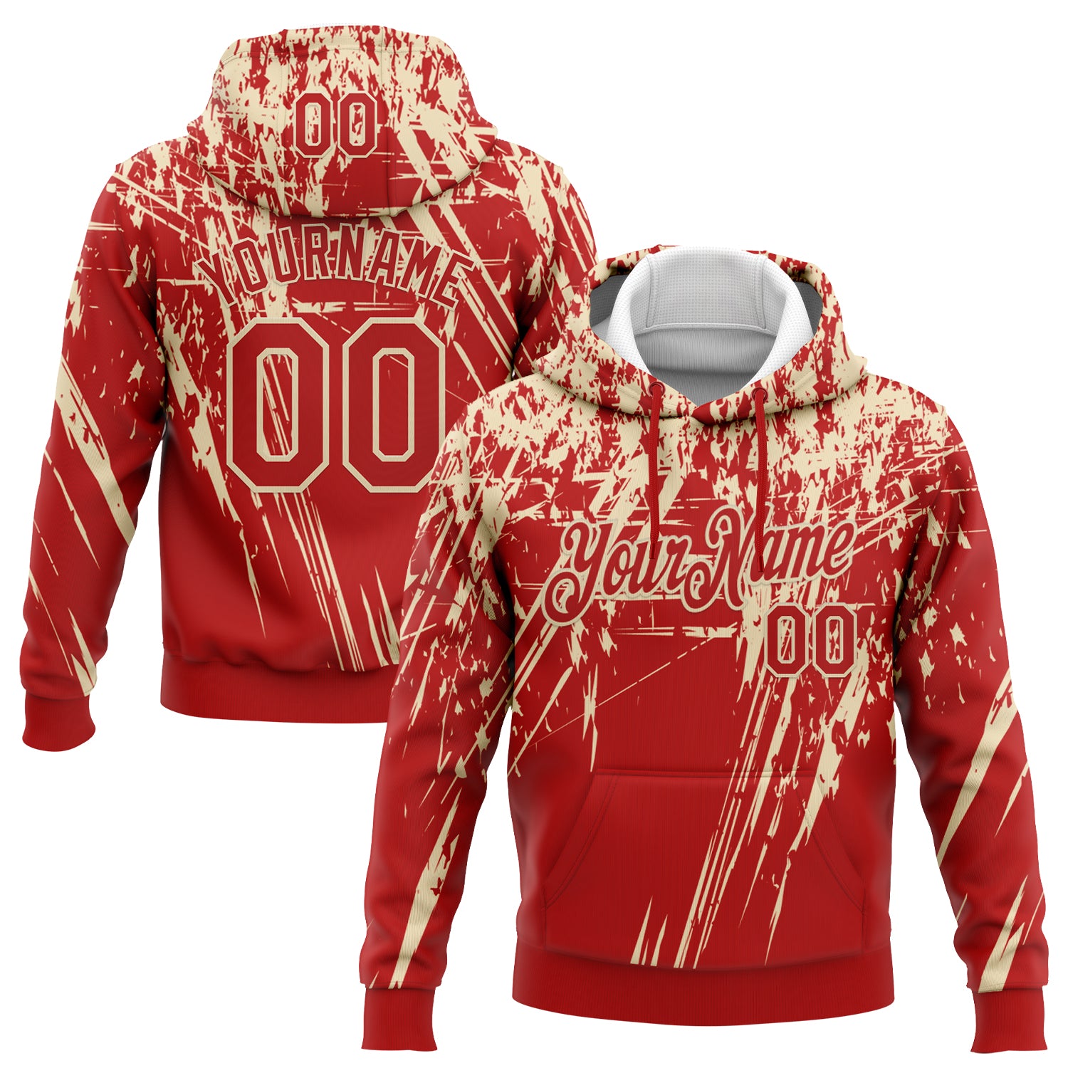 Custom Stitched Red Cream 3D Pattern Design Splash Grunge Art Sports Pullover Sweatshirt Hoodie