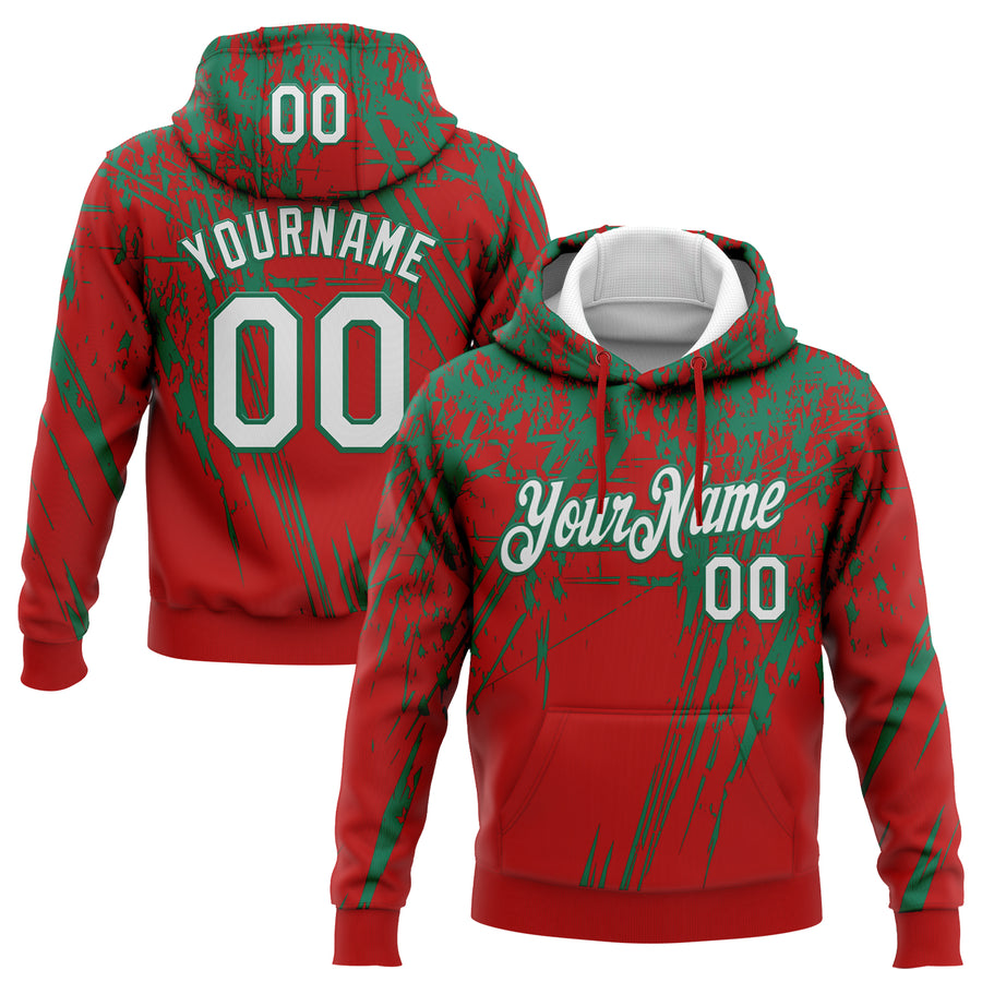 Custom Stitched Red White-Kelly Green 3D Pattern Design Splash Grunge Art Sports Pullover Sweatshirt Hoodie