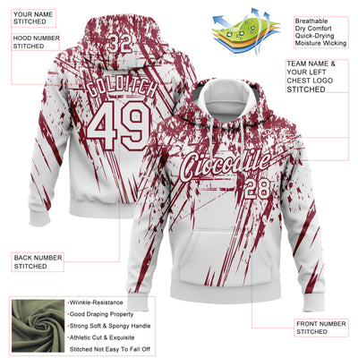 Custom Stitched White Crimson 3D Pattern Design Splash Grunge Art Sports Pullover Sweatshirt Hoodie